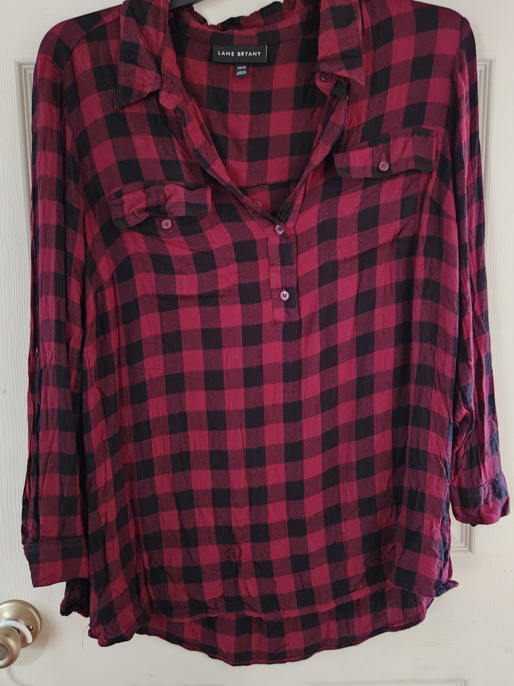 Lane Bryant Burgundy and Black Buffalo Plaid Button-Henley Tunic